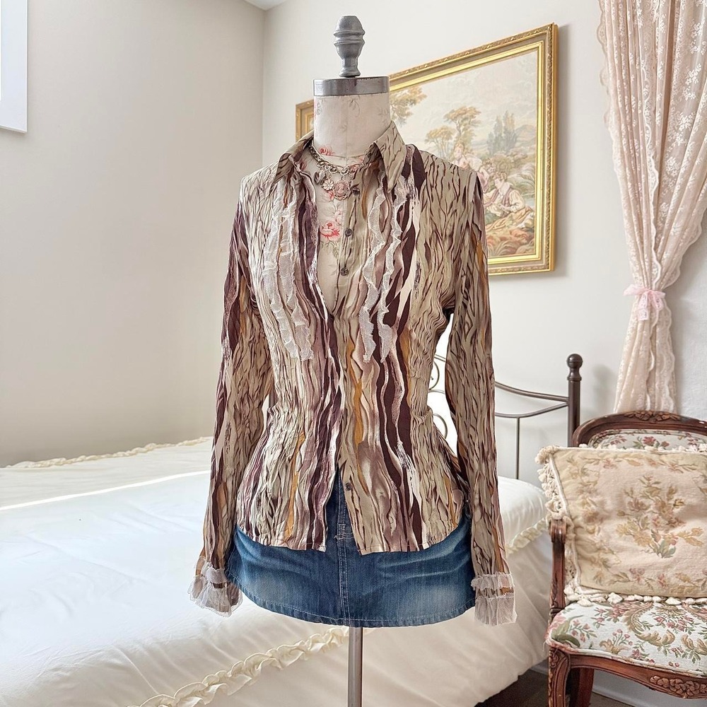 Y2K Caviar size medium brown cream abstract print button front top